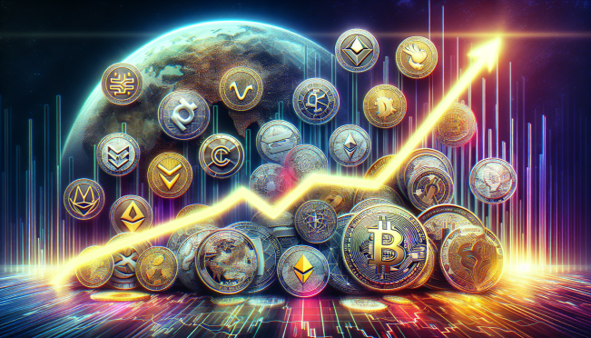 A vibrant collage of various altcoins with a rising graph in the background, symbolizing the bullish market trend and the potential for explosive growth in the altcoin sector.