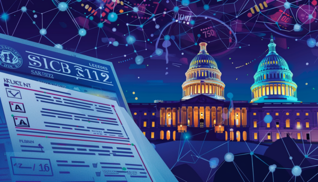 A dynamic illustration of the US Capitol building with a legislative document labeled 'SAB 121' in the foreground, surrounded by symbols of cryptocurrency and digital assets. The scene should evoke a sense of political negotiation and financial oversight.