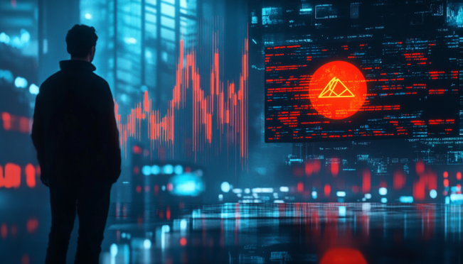 A dramatic scene showcasing the AVAIL cryptocurrency logo with a backdrop of fluctuating price charts, South Korean regulators investigating, and social media elements.