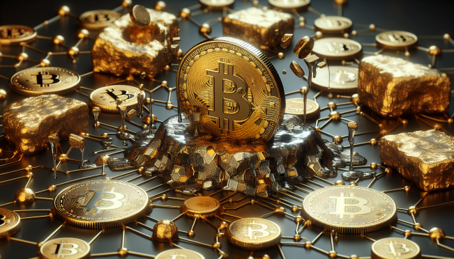 A visually compelling image of gold coins transitioning into digital Bitcoin representations, symbolizing the shift from traditional precious metals to digital assets, with a backdrop of a digital network to represent blockchain technology.