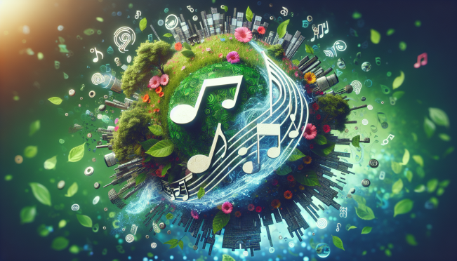 An image showcasing the merger of Vinyl Group and Serenade with a background of music notes and digital tokens. Include the logos of both companies, and highlight the eco-friendly aspect with green hues and nature elements.