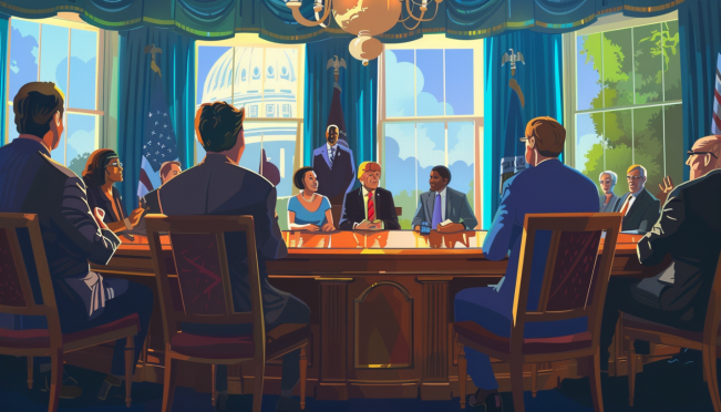 A diverse group of industry leaders and politicians engaged in a roundtable discussion on cryptocurrency regulation, with a backdrop of the White House visible through the windows. The atmosphere should be professional yet collaborative, highlighting the bipartisan nature of the meeting.