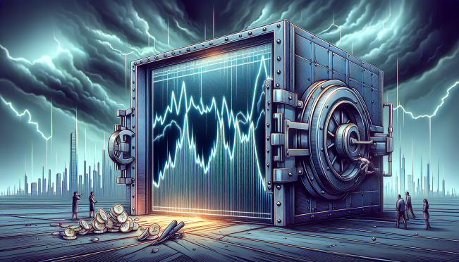 A visual representation of a fluctuating graph symbolizing the volatility of the Arbitrum (ARB) token, with tokens being unlocked from a large vault in the background, indicating the monthly releases.