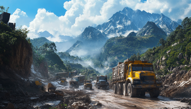 A convoy of trucks and utility vehicles traveling through a mountainous region, equipped with chainsaws and medical supplies, amidst a backdrop of hurricane-damaged landscapes.