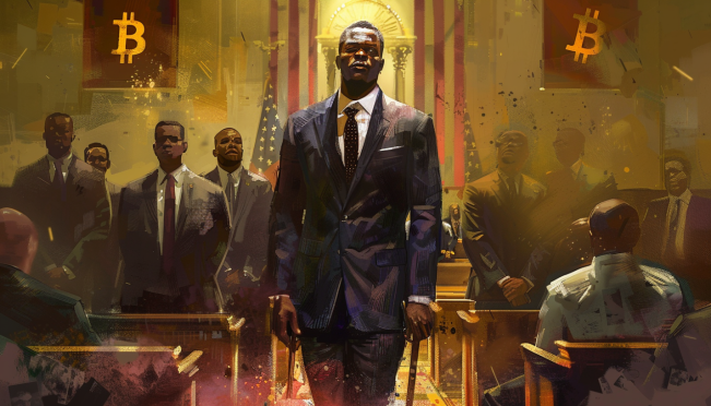 A dramatic courtroom scene with a suited man, Rashawn Russell, being led away in handcuffs. Background elements should include cryptocurrency symbols, fraudulent documents, and distressed investors.