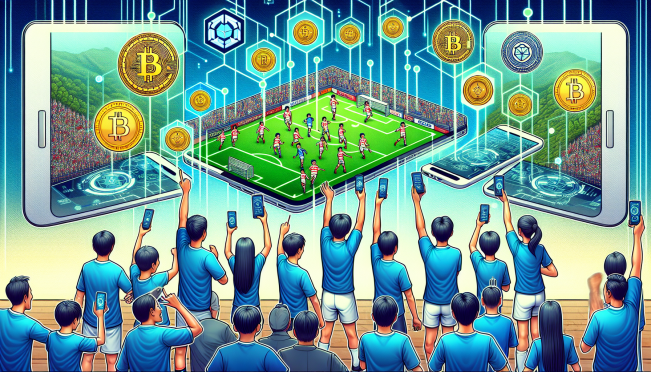 An illustration of a jubilant crowd of Japanese sports fans holding up smartphones displaying digital tokens representing football clubs like Manchester City and AC Milan, with futuristic blockchain elements and the logos of SBI and Chiliz visible in the background.