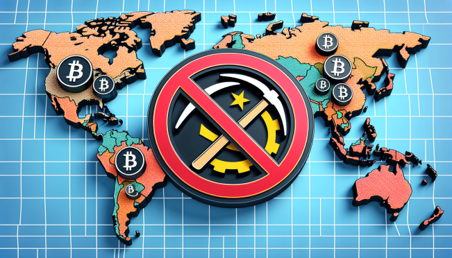 A world map highlighting Angola, with icons representing cryptocurrency mining (such as a pickaxe and a Bitcoin symbol) crossed out or with a red ban sign over them, to visually depict the prohibition of crypto mining activities in Angola.