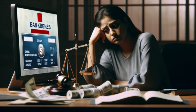 A distressed woman looking at her empty bank account on a computer screen, with a Wells Fargo logo in the background. The scene should include courtroom elements like scales of justice and legal documents to convey the legal battle.