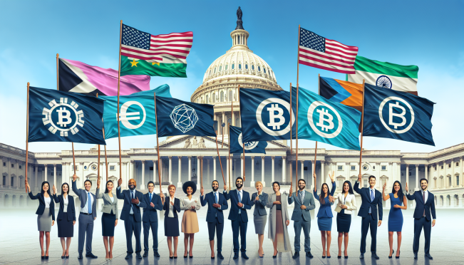 A diverse group of political candidates with campaign banners featuring cryptocurrency and blockchain symbols, set against the backdrop of the U.S. Capitol. The image should convey a sense of bipartisan support and financial influence.