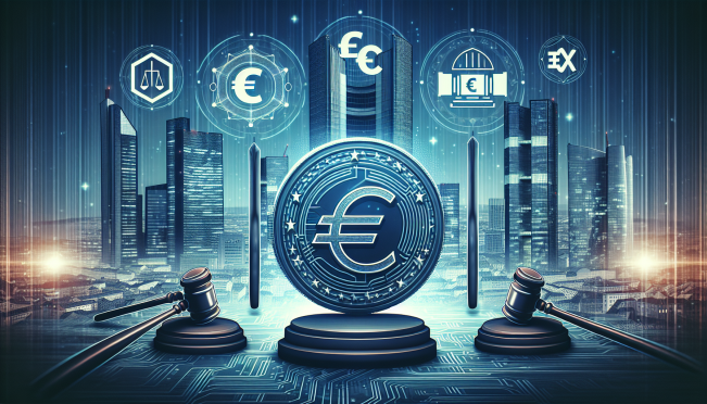 An illustration showing a futuristic digital euro stablecoin, with the logos of DWS, Flow Traders, and Galaxy Digital. The background should feature the Frankfurt skyline and symbols representing regulation, such as a gavel or a shield, to emphasize BaFin's oversight.