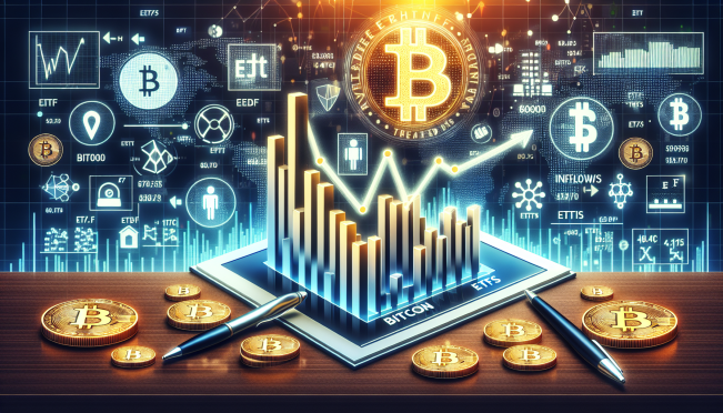 A visually engaging representation of Bitcoin ETFs with a bar graph showing inflows, featuring logos of Fidelity, Bitwise, VanEck, and Grayscale, set against a backdrop of digital financial charts and Bitcoin symbols.