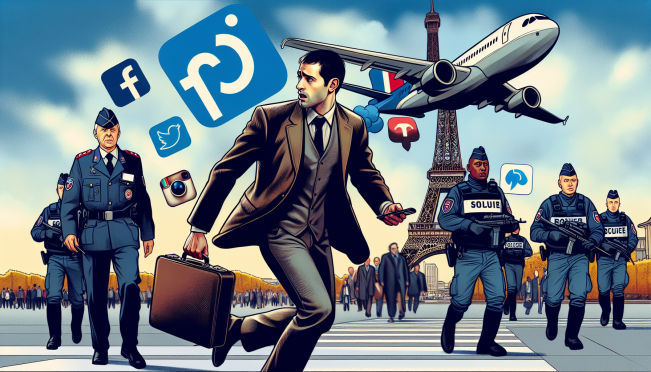 A dramatic scene of a tech CEO hastily leaving Europe, juxtaposed with imagery of Rumble and Telegram logos, and French law enforcement at an airport.