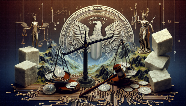 A digital montage illustrating the concept of crypto innovation clashing with regulatory frameworks. Include symbols like digital currency, scales of justice, and the SEC emblem.