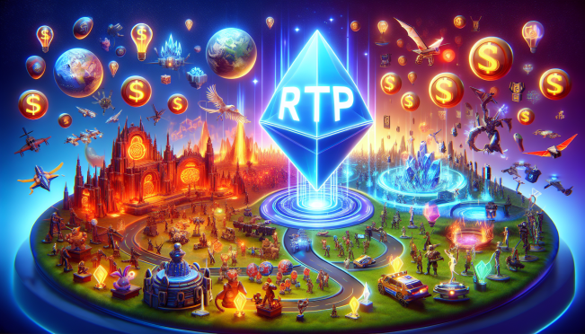 A vibrant digital landscape featuring a diverse array of online games with a large, glowing 'RTP' sign in the center, symbolizing transparency and fairness, with the MetaWin logo prominently displayed.