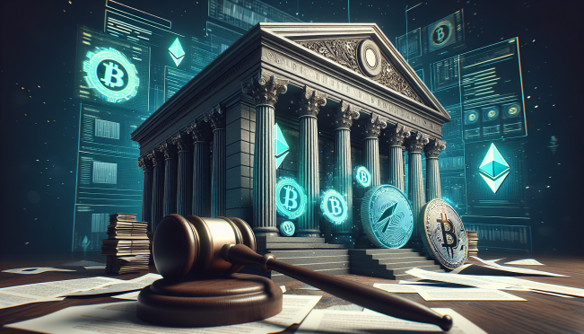 A juxtaposition of a traditional bank building with digital cryptocurrency symbols, showing the contrast between traditional banking and digital assets. The background features regulatory documents and a gavel to symbolize the regulatory pressures.