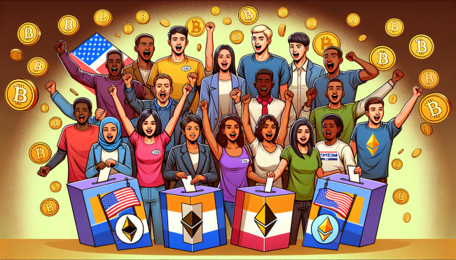 A dynamic illustration showing young voters with a backdrop of cryptocurrency symbols and voting booths, highlighting their impact on the 2024 US presidential election.