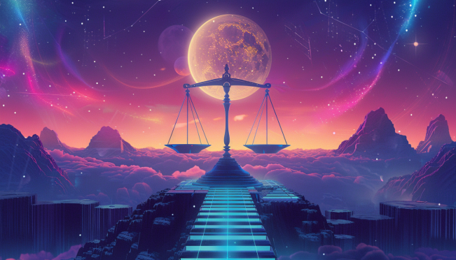 A digital art piece showcasing Voyager Digital's journey from financial distress to recovery, with symbols of cryptocurrency, justice scales, and a bright horizon indicating hope and progress.