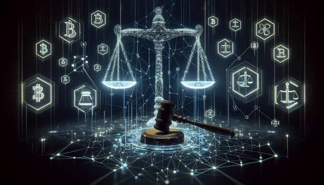 A sleek, modern digital representation of the scales of justice superimposed over a network of digital connections symbolizing cryptocurrency and blockchain, with the CFTC logo and a gavel to represent regulatory enforcement in the digital age.