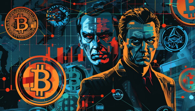 A digital rendition of Alexander Vinnik with a background of cryptocurrency symbols, law enforcement icons, and global currencies to represent the international money laundering scheme and regulatory efforts.