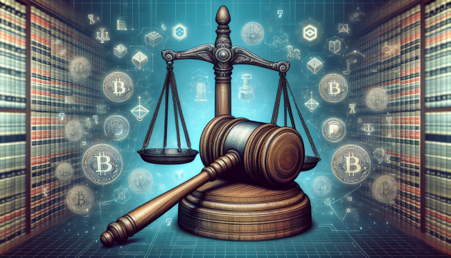 An image of a gavel and scales of justice superimposed on a digital background featuring blockchain and cryptocurrency symbols, highlighting the theme of legal action against unlicensed cryptocurrency operations.