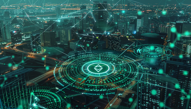 A futuristic blockchain landscape with interconnected sectors like finance, healthcare, and education, featuring the Cardano logo prominently. The image should illustrate scalability and interoperability with a green, sustainable theme.