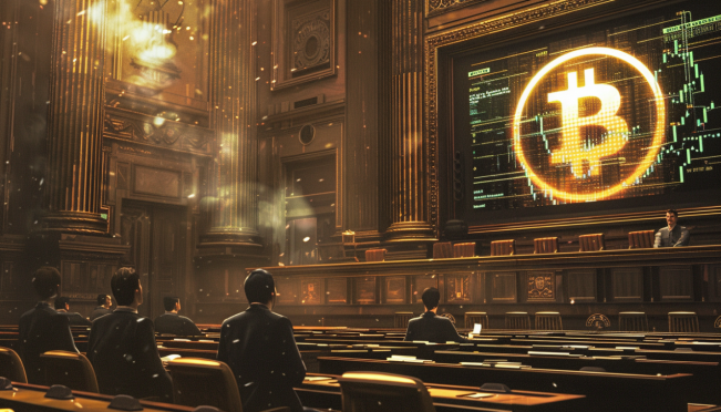 A courtroom with a digital cryptocurrency symbol (Qoin) on a large screen being scrutinized by judges, illustrating the theme of regulatory actions against crypto businesses in Australia.