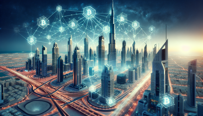 A futuristic representation of Dubai's skyline with blockchain nodes and connections overlaying the cityscape, symbolizing the integration of blockchain technology in trade and governance.