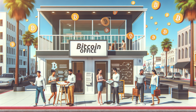 A bustling city street in Santa Monica with a modern office building prominently featuring a sign that reads 'Bitcoin Office.' People from various walks of life are seen engaging with educational displays about Bitcoin, while digital Bitcoin symbols float around, signifying the integration of cryptocurrency into the community.