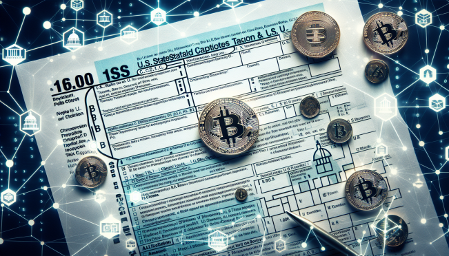 A dynamic image showcasing a U.S. tax form with Bitcoin symbols, featuring a modern, futuristic design. Incorporate elements of the United States Capitol and blockchain technology to emphasize the legislative aspect and innovation in the financial system.