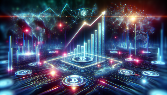 A dynamic and futuristic representation of Bitcoin's growth: a graph showing the rise in unique Bitcoin addresses, set against a backdrop of digital networks and blockchain imagery, symbolizing adoption and user activity.