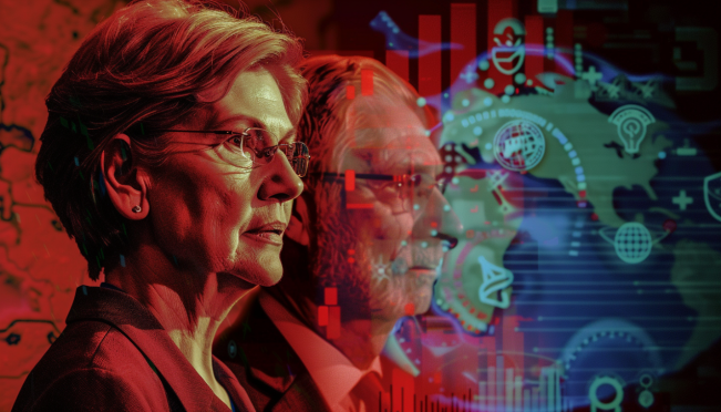 A visually compelling image showing Senators Elizabeth Warren and Angus King together with symbols of cryptocurrency, a map of Iran in the background, and a shadowy figure representing the potential threat to national security.