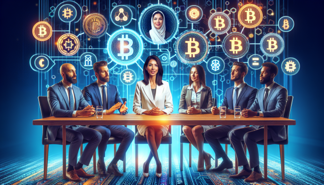 A vibrant and engaging roundtable discussion with Kamala Harris and crypto leaders, set against a backdrop of blockchain and cryptocurrency symbols.