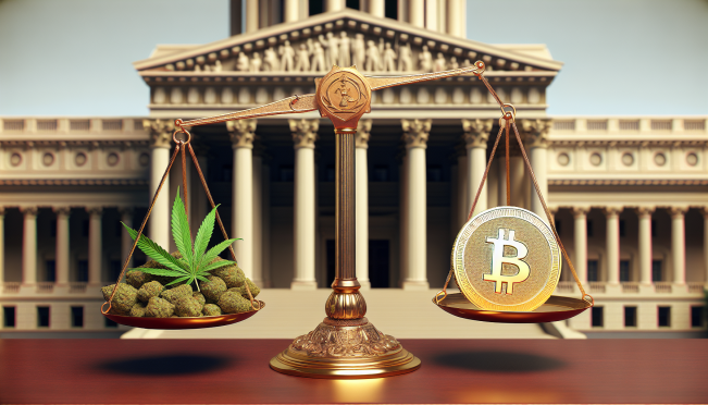 A balanced scale with a marijuana leaf on one side and a gold coin embossed with a digital symbol on the other, symbolizing the balance between marijuana banking and stablecoin regulation against a backdrop of the Capitol building.