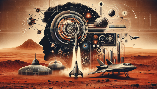 Depict an artistic visualization of a Mars colony with SpaceX rockets, futuristic habitats, and Elon Musk's portrait in the background, symbolizing his vision and leadership.