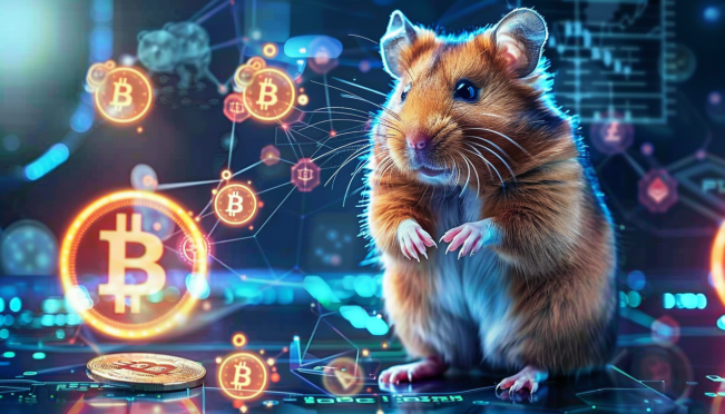 A vibrant, dynamic image showing a hamster dressed as a CEO in front of a cryptocurrency exchange, surrounded by digital coins and blockchain symbols. Include elements of Web3 and social media growth.