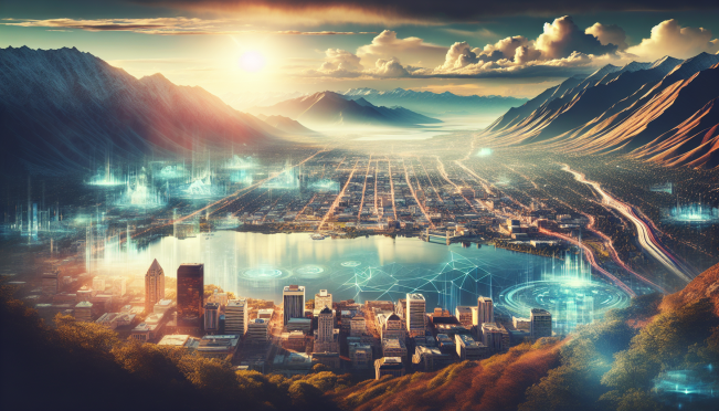 Salt Lake City landscape with futuristic digital overlay, representing the blend of nature and technology