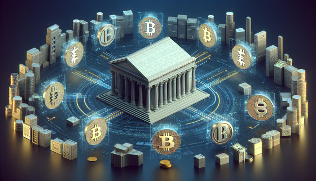 A visual representation of the US financial system with the Federal Reserve building at the center, surrounded by various digital currency symbols and traditional banking icons, highlighting the tension between old and new financial systems.