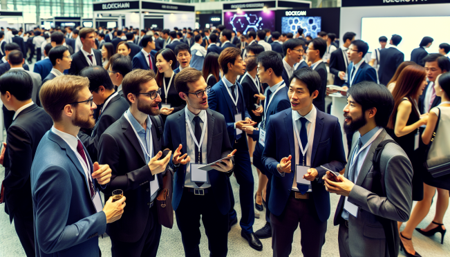 dynamic crowd of professionals networking at a blockchain convention in Southeast Asia