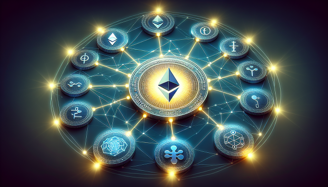 A digital art piece showcasing Ethereum and Chainlink logos connecting to a central, glowing emblem of Kelexo (KLXO), symbolizing interoperability and security in the DeFi space.