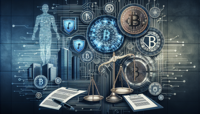 A conceptual image showcasing elements of financial technology, justice scales, digital currency symbols like Bitcoin, and documents with redacted text, to visually represent the investigation into Block, Inc. for compliance lapses.