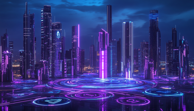 A futuristic depiction of Qatar's financial district with digital assets represented as holographic tokens and smart contracts being exchanged, symbolizing innovation and regulatory advancement in digital finance.