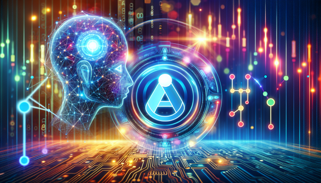 A futuristic scene showing the convergence of blockchain and AI technology, with Fetch.ai's logo connected to Chainlink's oracle network, and Algotech's algorithmic trading interface in the background. Vibrant colors and a sense of innovation.