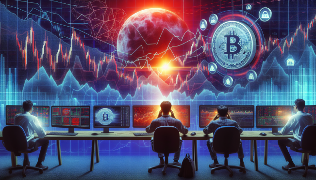 A dramatic and visually intense scene showing a graph with a steep decline, a frustrated investor looking at multiple screens, and digital coins with the GameStop logo losing value.