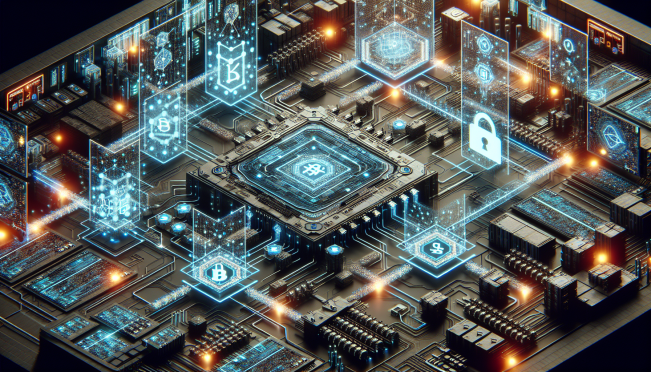 A futuristic depiction of blockchain technology integrating into a high-security defense network, showing military supply chains and cybersecurity elements with digital blockchain symbols.