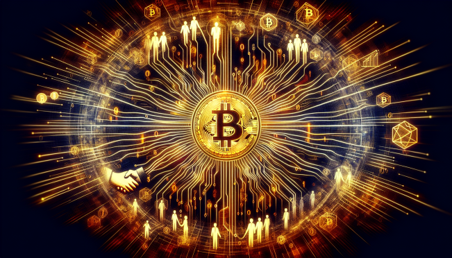 A dynamic image featuring a Bitcoin symbol intertwined with digital network lines, representing technological growth and investment. Include elements that symbolize financial backing and institutional support, such as a handshake or money flowing into a digital grid.