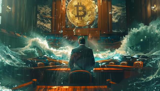 A dramatic courtroom scene with a middle-aged man, luxury sports cars, a stormy sea with a fishing boat, and crypto symbols representing manipulation and fraud.