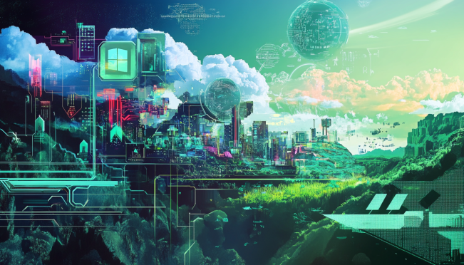 A futuristic digital landscape featuring elements of AI technology, with prominent logos of Microsoft, Nvidia, Thrive Capital, and Khosla Ventures intertwined with symbols of innovation and growth.