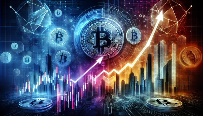 A digital art representation of a mixed cryptocurrency market sentiment with Bitcoin and AI tokens like The Graph and Akash Network. The image should contrast the uncertainty around Bitcoin with the bullish trends of AI tokens, using symbols like graphs, arrows, and possibly digital landscapes.