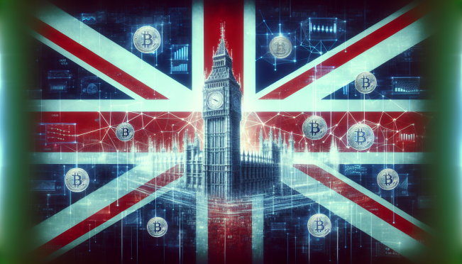 An image depicting the UK flag merging into a digital, cryptocurrency-themed background, featuring symbols of stablecoins and staking, with a silhouette of Big Ben in the digital mesh to represent the UK's commitment to becoming a crypto hub.