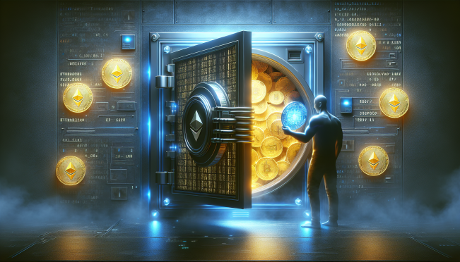 An illustration of a digital vault with Ethereum coins spilling out, surrounded by digital security barriers and locks, with a shadowy figure in the background holding a digital key.